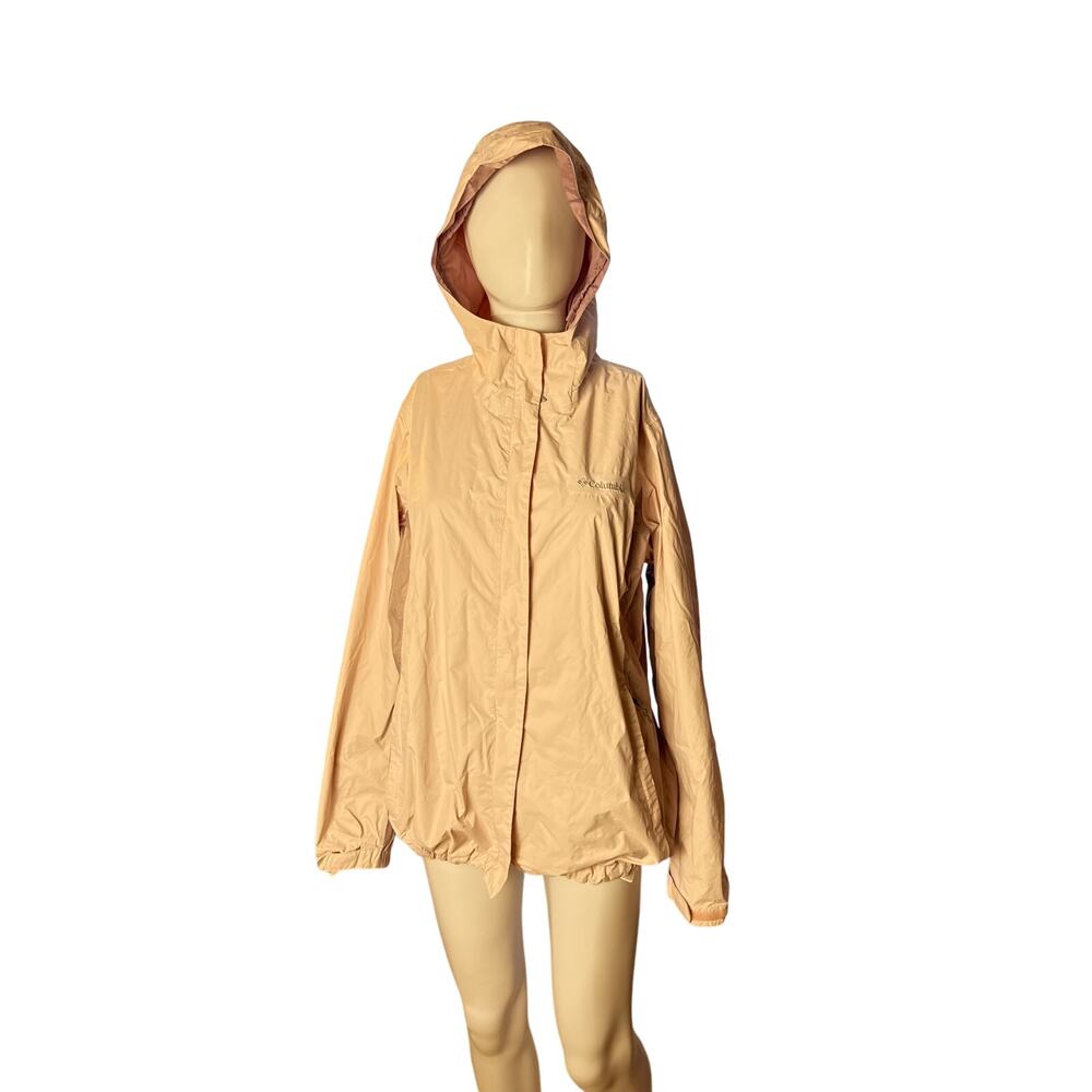 Columbia Women’s Large Beige Pink Rain Jacket Hooded Nylon Windbreaker